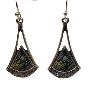 Bohemian Textured Silver Tone Dangle Drop Green Black Resin Faux‎ Stone Earrings